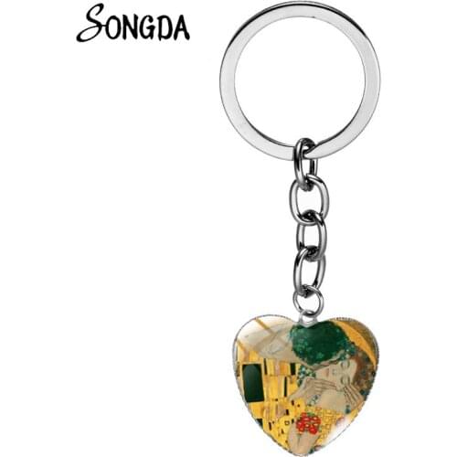 Classical Gustav Klimt The Kiss Heart Keychain Golden Tears Painting Glass Dome Key Chain Keyring Fashion Women Jewelry Gifts
