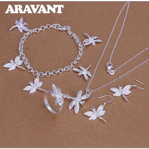 925 Silver Jewelry Set Dragonfly Necklace Chains Ring Bracelet Drop Earring For Women Wedding Jewelry