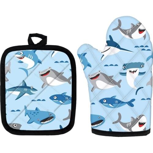 Cartoon Shark Heat Resistant Gloves Polyester Cooking Microwave Non-slip Glove Oven Mitts Xmas Home Decor Supplies 2Pcs/Set