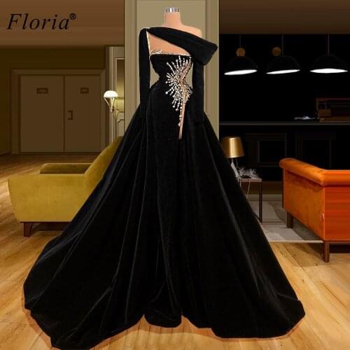 Muslim Black Formal Evening Dresses Mermaid One Shoulder Evening Gowns Beading Celebrity Dresses For Women Abiti Da Cerimonia