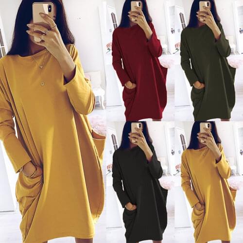 Solid color o-neck long sleeve pocket summer dress felame clothes 2021 new fashion casual women party dresses vestido