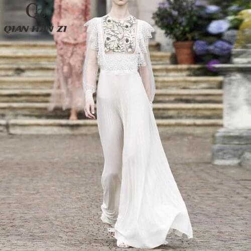 Qian Han Zi Spring Autumn Fashion Long Sleeve long Dress Women Ruffle lace embroidered high Elegant Slim Pleated maxi dress