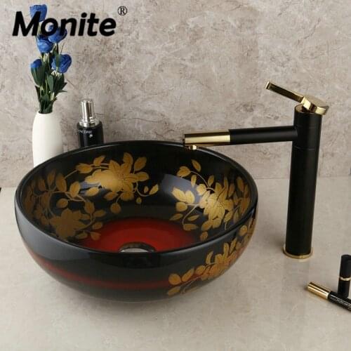 Monite Hand-Paint Bowl Sink Black Ceramic Bathroom Washbasin Lavatory Basin Combine Black Painting Swivel Brass Faucet Mixer Tap