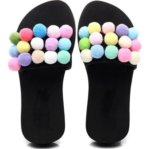 Summer Slippers Kids Colorful Hairball Sweet Soft Sole Thicken Bottom Princess Girls Slippers Beach Outdoor Wear Flat Heels 2021