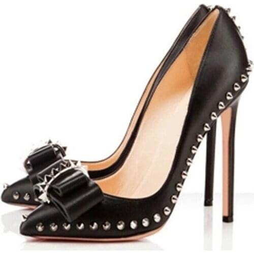 Hot Sale Spike Rivets Stiletto High Heeled Black Pump Classics Pointy Toe Shallow Knot Wedding Shoes Pu Leather Formal Pumps