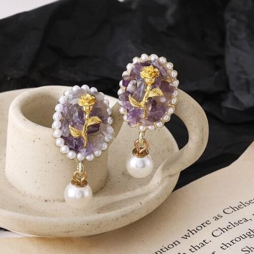 Vintage Baroque Palace Style Crystal Rose No Hole Clip Earrings Pearl Purple Round Stone Clip on Earrings Without Piercing Women