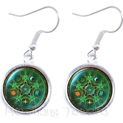 Green Background Triple Moon Goddess Wicca Pentagram Magic Amulet Talisman Women Moon Earrings Tibetan Vintage Jewelry