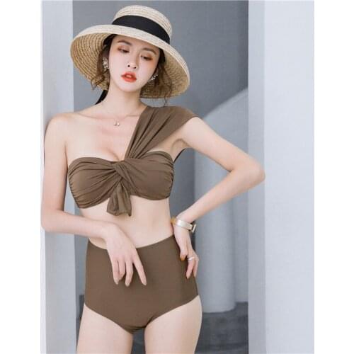Ins style Korean swimsuit women sexy sloping shoulder one shoulder thin high waist split swimsuit new bikini