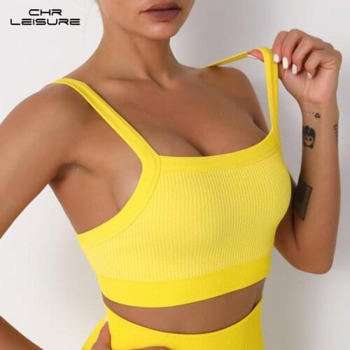 CHRLEISURE Womens Sports Top Seamless Knitting Solid Color Stripes Running Fitness Clothes Womens Summer Tank Tops