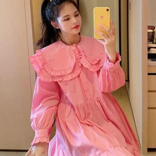 Hstar 2021 Women Autumn Winter Elegant Lady Sweet Peter Pan Collar Long Sleeve Dresses Female Casual Solid Pleated Dress