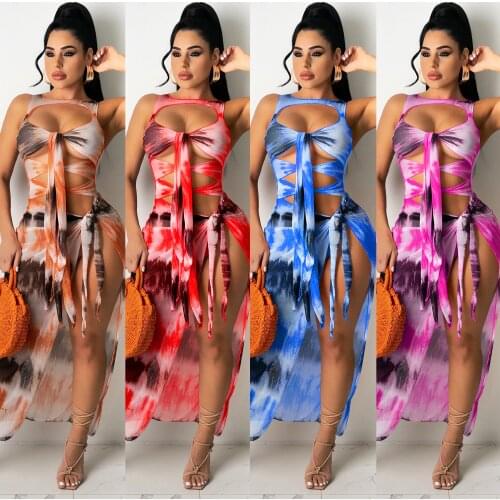 Summer Women Dress Tie-dye Print Striped Mesh See Though Maxi Bandage Streetwear Sexy Long Bodycon Irregular Dresses