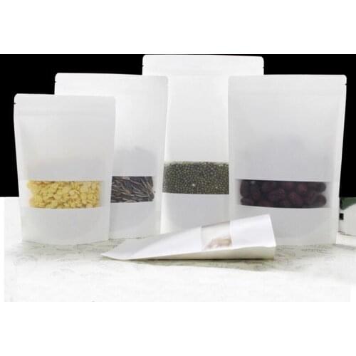 100 Pcs White Kraft Zip Lock Stand Up Food Bags Pouches with U-Notch and Matte Window for Storing Seeds, Snack and Nuts