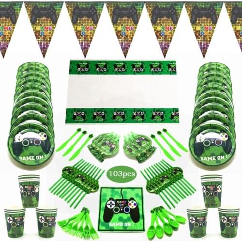 103pcs Green Game On Cartoon Paper Cup Plate Napkin Tablecloth Birthday Party Decorations Supplies Disposable Tableware Set