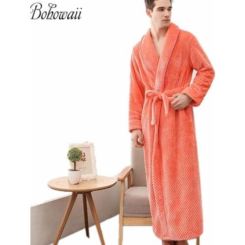 BOHOWAII Soft Flannel Mens Bathrobe Pajamas Winter Warm Bata Hombre Thick Peignoir Terry Bathrobe for Home Sleepwear