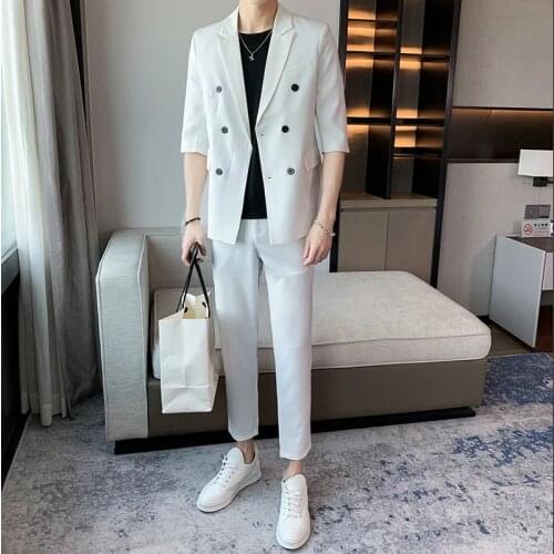 Double Breasted Tuxedo Suit Men Business Work Wedding Formal Sets Solid Suit Jacket with Pants Slim Fit Korean Summer Clothing