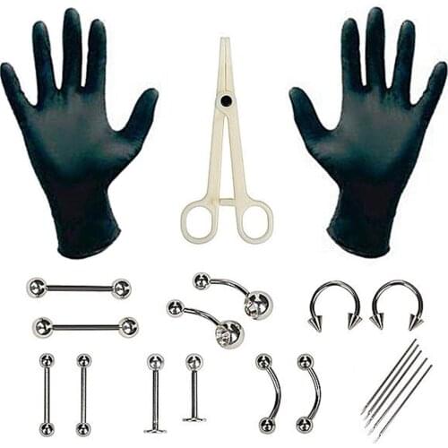 Hot 20pcs/set Piercing Jewelry Needles Kit Sex Belly Tongue Eyebrow Nipple Lip Nose Disposable Body Piercing Jewelry Tool Sets