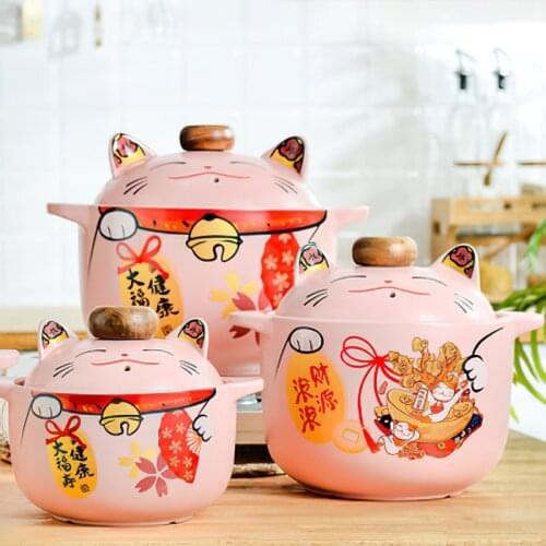 Ceramics Casserole Lucky Cat Large Soup Pot Pottery Steam Rice Stew Chicken Heat Resistant Saucepan Household Kitchen Supplies