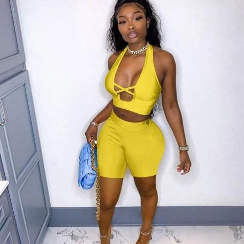 Summer Streetwear Bodycon Women Outfits Backless Sleeveless Hollow Out Halter Crop Top Biker Shorts Suits Swim Suits