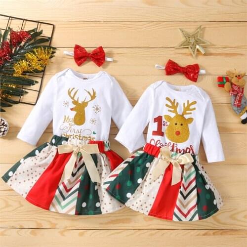 My First Christmas Outfits Letter Print Long-Sleeve Romper + Splicing Skirt + Headband 3 Piece Set for Toddler Girls 0-24 Months