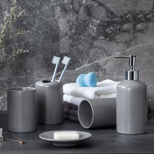 WSHYUFEI Nordic bathroom Kit matte gray simple ceramic five-piece Mouthwash Cup lotion bottle soap box bathroom wash set