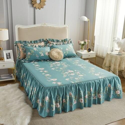 2020 new products Cotton 13372 printing Bed spread Fitted Sheet Pillowcases 2/3 pcs Pleated lotus leaf lace Princess bedding