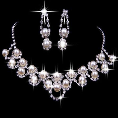 2020 New Chic Shiny Sliver Plated Rhinestone Crystal Faux Pearl Necklace Earring Jewelry Set For Bride Bridal Wedding Party