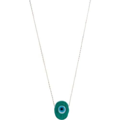 Green Evil Eye Hand Job Glass Engraved 925 Sterling Silver Chain Lady Avşar Necklace 10-15 Mm