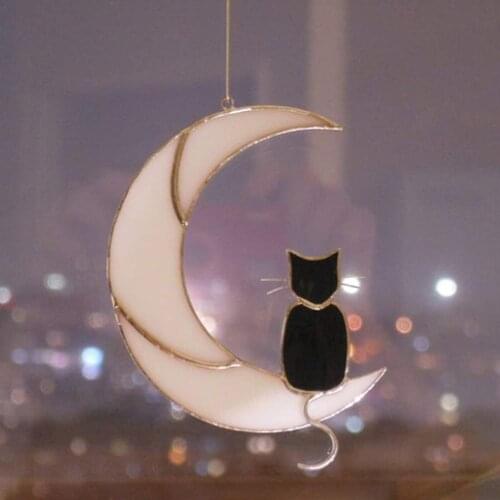 3 Colors Decorative Pendants Moon Cat Pattern Hanging Ornament Wind Chime for Living Room Bedroom 12x14cm/20x23cm