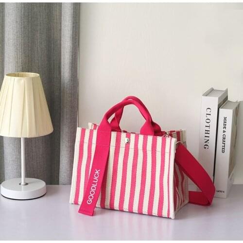 Striped Canvas Bag Messenger Small Bag Women Casual Shoulder Messenger Bags Square Shape Top-handle Handbag Korean Mommy Handbag