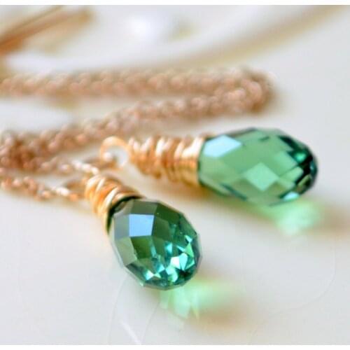 Crystal Threader Earrings, Genuine Teardrop, Erinite Green, Cable Chain
