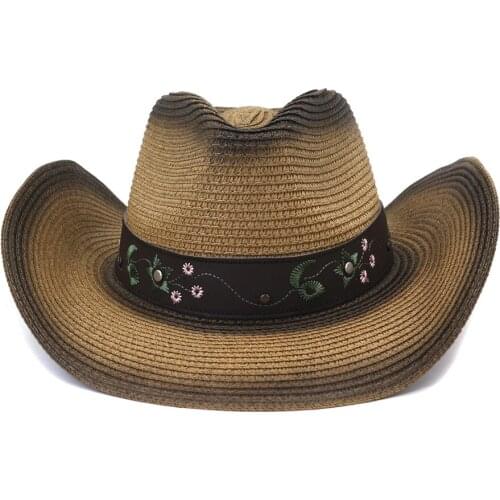 Sun hat for women summer hat spray paint cowboy straw hat wide brim beach hat fashion summer straw woven beach sunscreenHZ28
