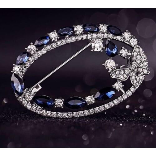 Vintage Luxury Elegant Round Cute Butterfly Brooches Blue Crystal Rhinestone Animal Brooch Lady Party Pins Birthday Wedding Gift