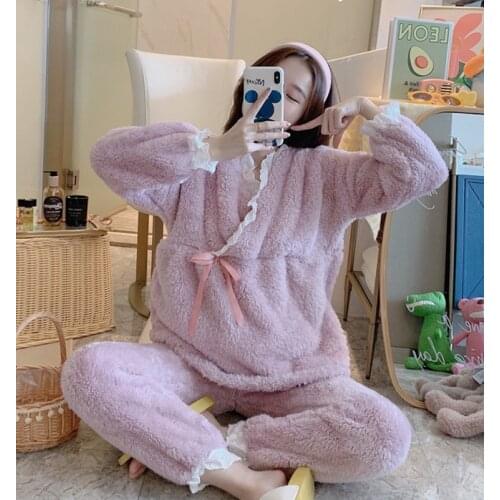Japanese kimono Women Pajamas Sets Flannel Female Nightwear Pijama Leisure Womens Sleepwear Suit Home Cloth Pregnant woman