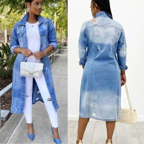 Women Autumn Winter Denim Trench Coats Ripped Hole Jean Long Button Jackets