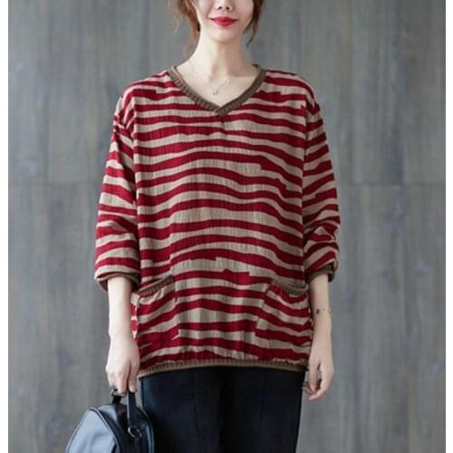 Women Long Sleeve Casual T-shirts New Arrival 2021 Autumn Simple Style Vintage Striped Loose Female Cotton Linen Tops Tees B1100
