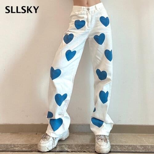 SLLSKY Heart Print Straight Jeans Women High Waist Streetwear Loose Denim Pants Female Pocket Vintage Capris Harajuku Trouses