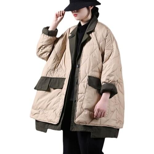 Womens suit collar imitation two-piece set jean stitching down jacket 2021 autumn/winter long new white duck down jacket loose