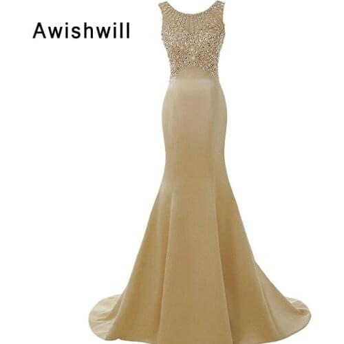 Robe De Soiree Longues Champagne Color Formal Dress For Women Sleeveless Beaded Satin Mermaid Dress Evening Party Gowns