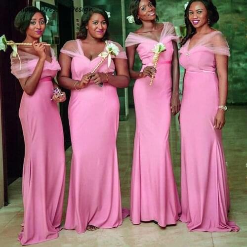 Pink Cap Shoulder Mermaid Bridesmaid Dresses 2021 V-neck African Women Long Wedding Party Dress платье для свадебной вечеринки