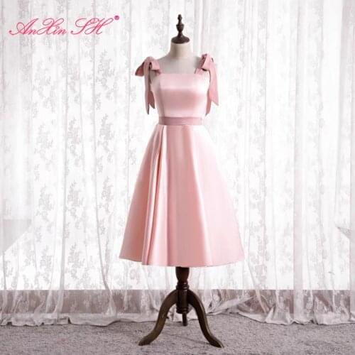 AnXin SH princess light pink satin evening dress vintage party spaghetti strap big little bow bride a line evening dress