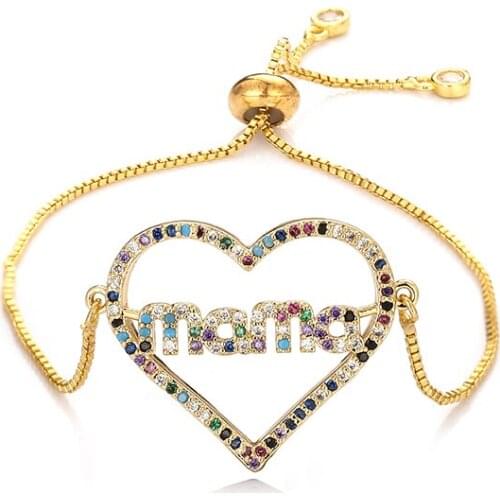 Fashion womens rainbow mothers bracelet bangle gold cz colorful zircon bracelet jewelry adjustable chain bracelet for women