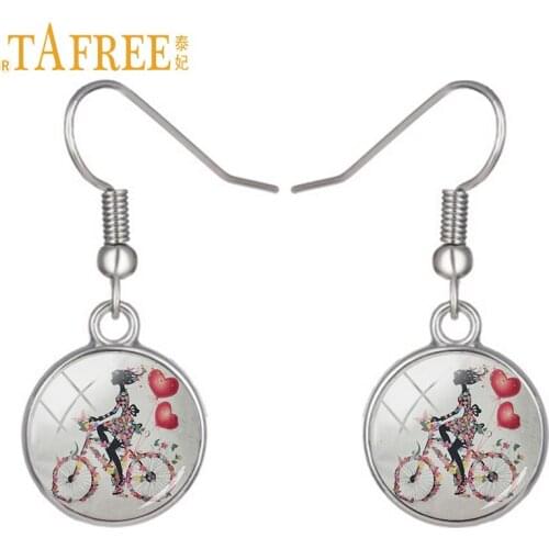 TAFREE Brand Vintage Bicycle Earrings Flower Butterfly Girl Antique bike men women hipster Accessories Wedding gift jewelry A54