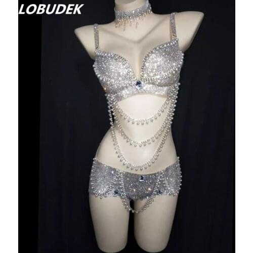 Women DJ Pole Dance Rhinestones Beading Bra Bikini Set Sexy Nightclub Bar Stage Wear Singer Dancer Team Show Performance Clothes