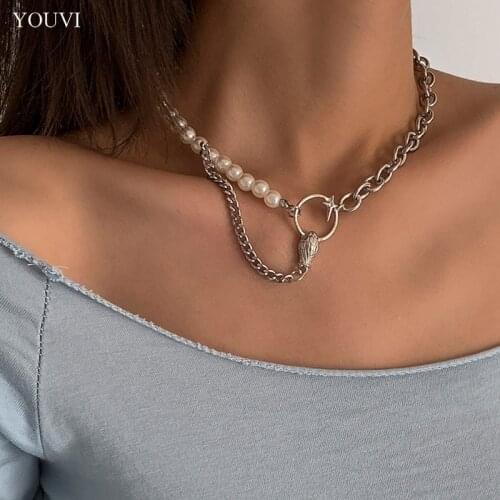 YOUVI Goth Stainless Steel Beaded Chain Necklace Imitation Pearl Tassel Necklace for Women Men Fashion Punk Jewelry Accessories