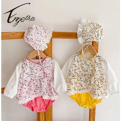 Engepapa Toddler Baby Girl Splicing Flower Romper Spring Autumn Newborn Baby Girls Cotton Long Sleeve Jumpsuit+Hat
