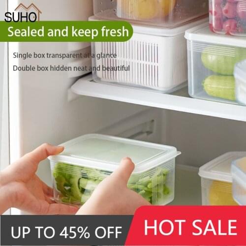 Refrigerator Keep Fresh Box Kitchen Storage Box Vegetable Fruit Drain Crisper Multifunctional Plastic Basket Container With Lip