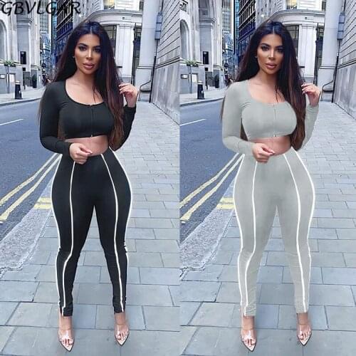 Reflective Striped Patchwork Fitness Tracksuit Women Two Piece Set Casual Outfit Long Sleeve Zipper Crop Top + Pants Suit