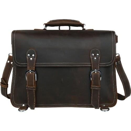 Vintage Crazy Horse Genuine Leather Briefcase Men Business bag Leather 15.4"inch Laptop Bag male Business Briefcase shoulder bag