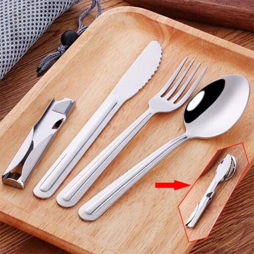 4-in-1 Portable stainless steel Cutlery Set silverware Camping Spoon Fork Knife and Can/Bottle Opener Military Camping Utensils
