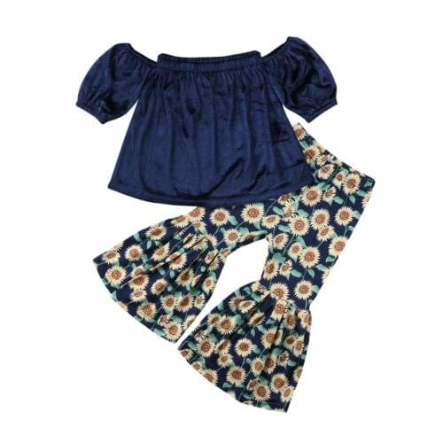 Toddler Kids Baby Girls Clothing Off shoulder Tops Short Sleeve Sunflower Printed Loose Pants 2Pcs Clothes Girl 1-6T